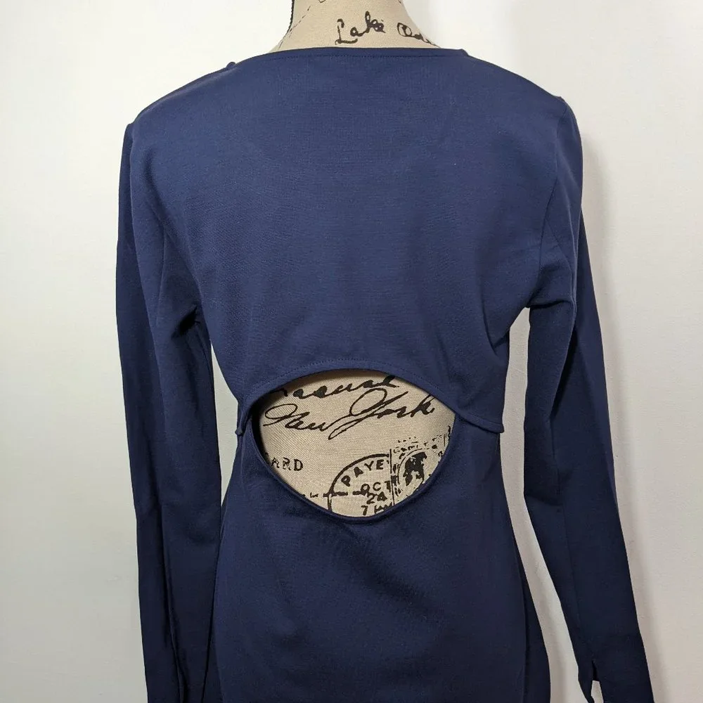 NWT DKNY Navy Blue Dress Long Sleeve Back Cut Out Knee Length Size  10